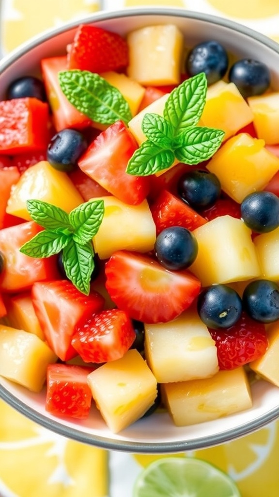 Fromis_9 Juicy Recipe A colorful fruit salad with watermelon, pineapple, strawberries, and blueberries, garnished with mint leaves.